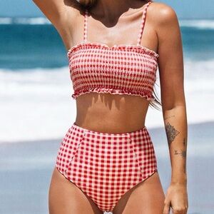 Cupshe Red & White Gingham High-Waist Bikini Set
